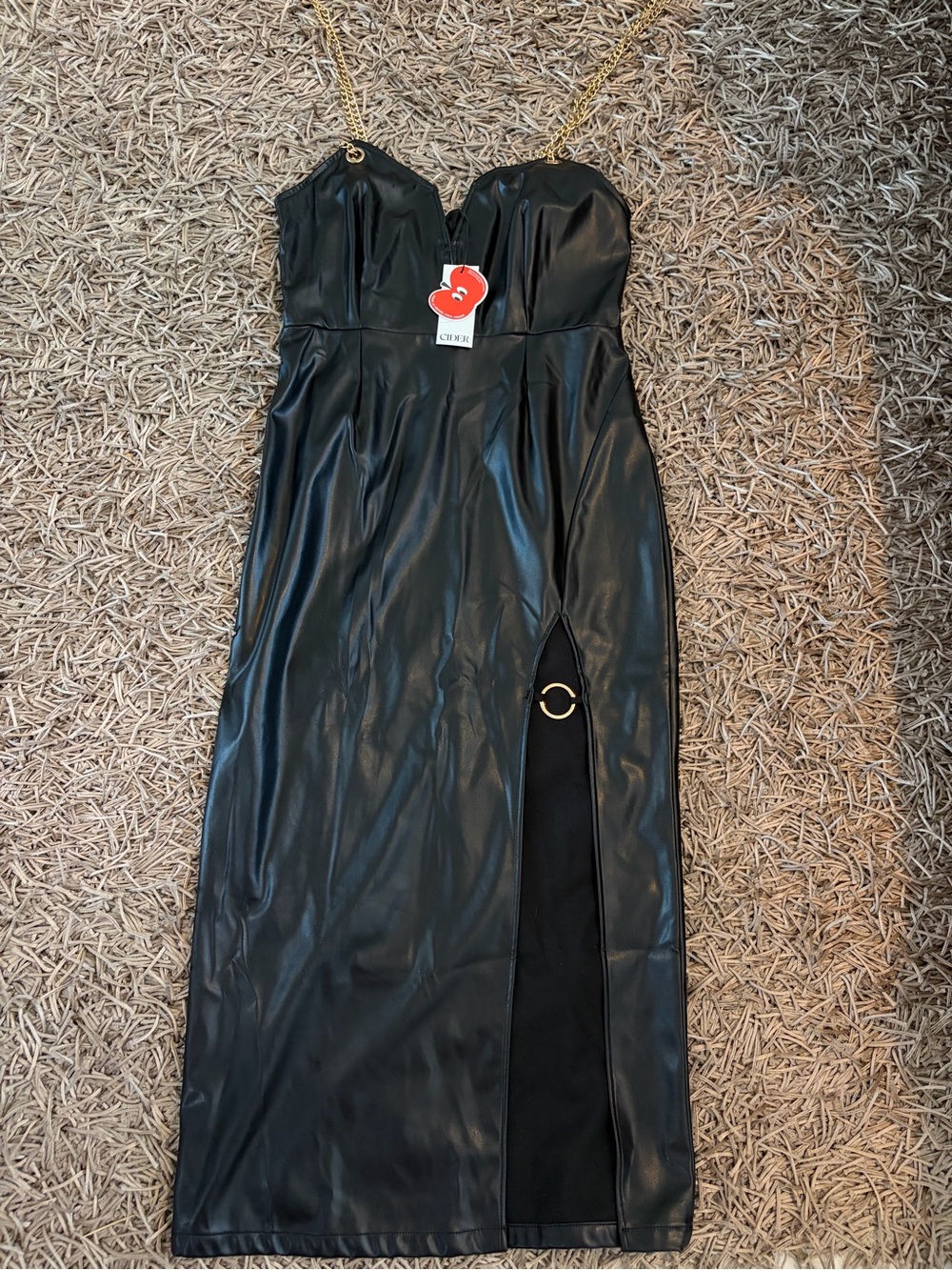 Cider Black Faux Leather Midi Dress with Gold Chain Straps